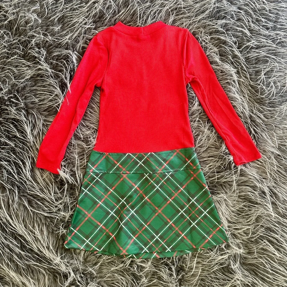 NWOT Red Unicorn Long Sleeve Dress with Green Plaid Skirt